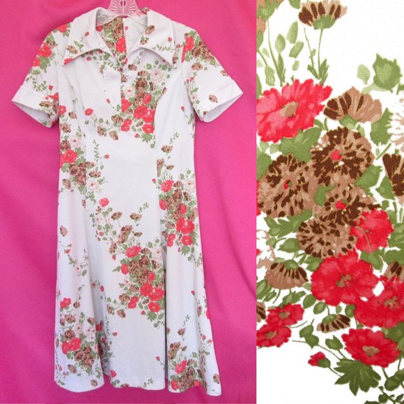 Vintage Dresses & Skirts - 1970s vintage white floral midi shirt dress size medium